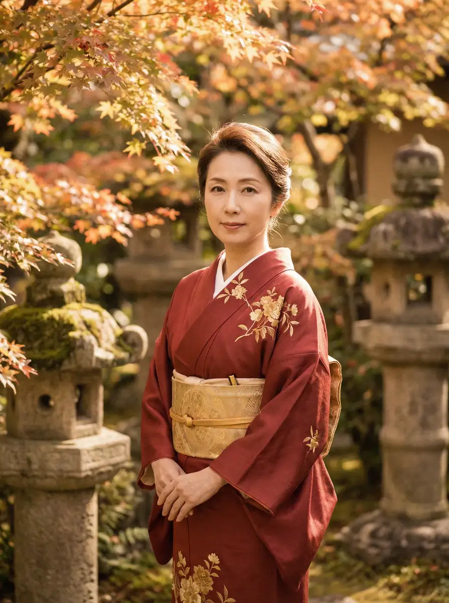一位身穿暗红色和服的优雅 高桥尤美 在日式庭院中